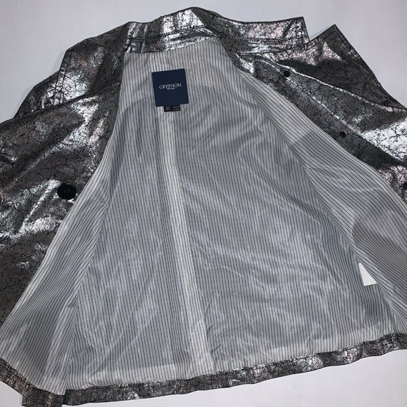 GRYPHON SILVER FOIL BLACK COVERED CROPPED SWING LINEN JACKET Sz M #191 - Picture 6 of 7